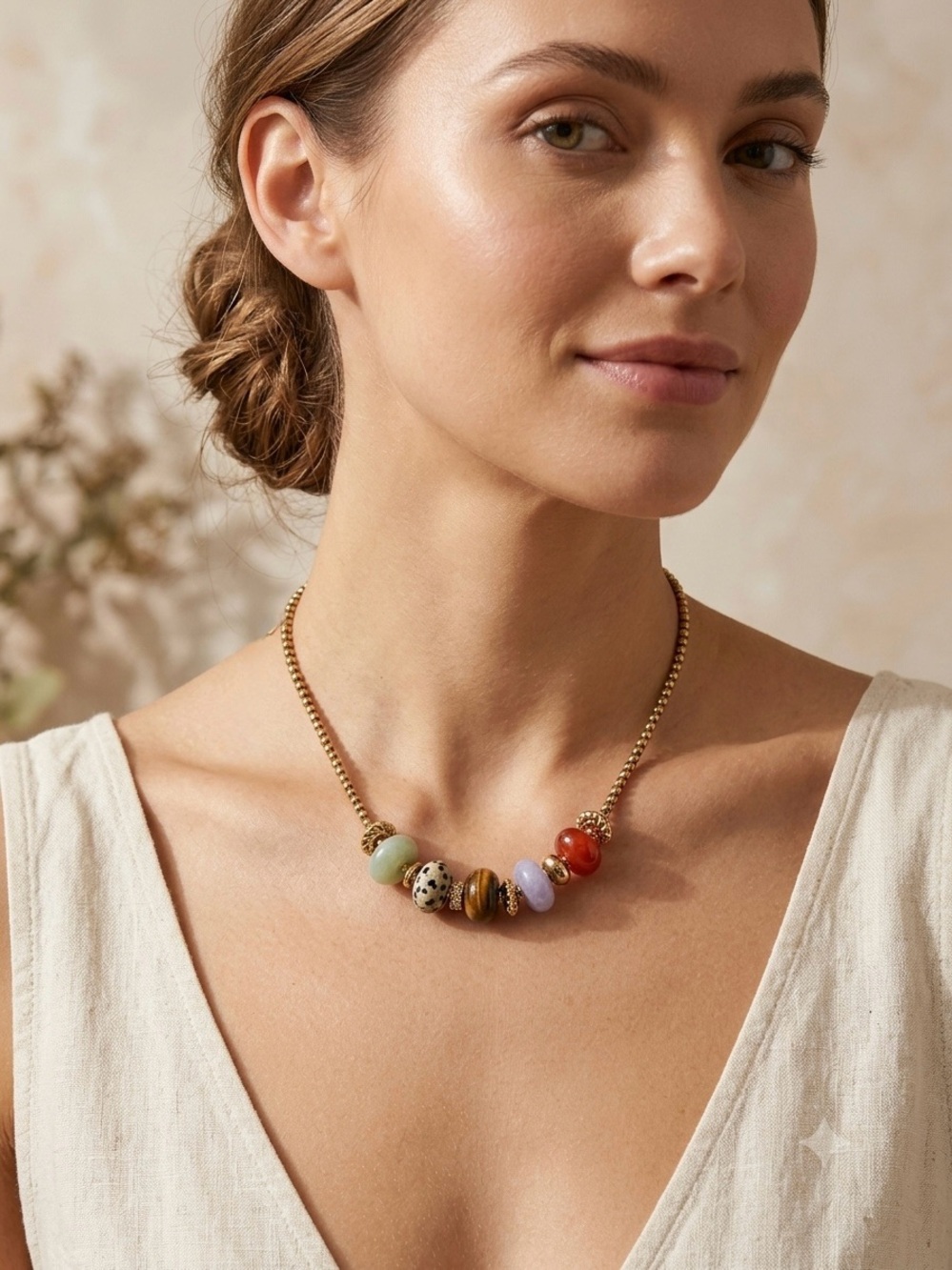 57: Gold Beaded Multicolor Gemstone Bead  adjustable Necklace
